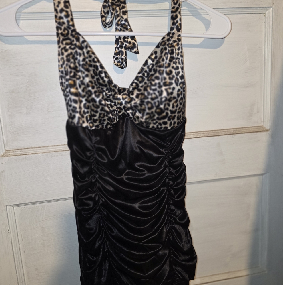 Black Ruched Halter Top with Leopard Print